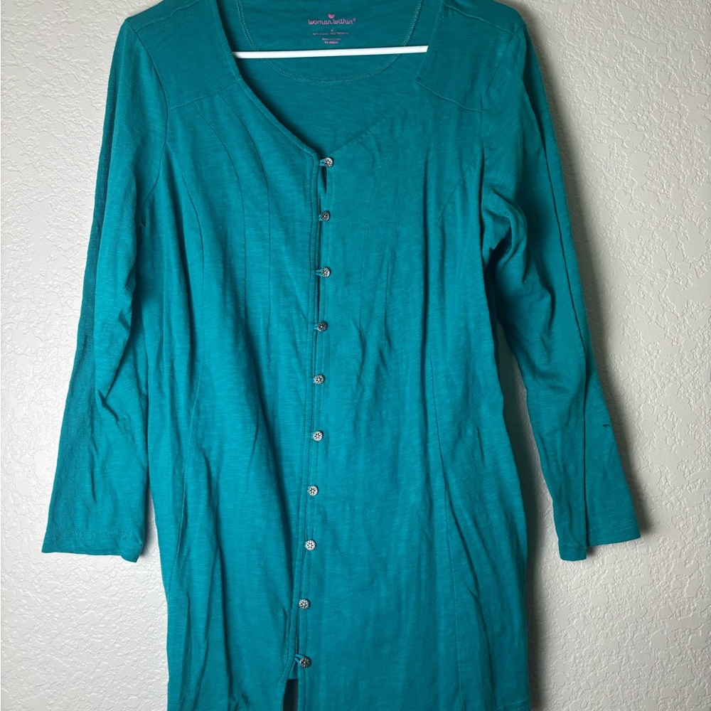 Woman Within Turquoise Button-Down Shirt